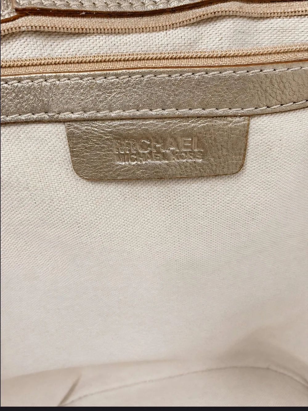 Michael Kors Woven Straw Tote Bag Metallic Champagne Leather Trim
